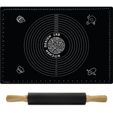 Feyza Design 2'li Siyah Silikon Hamur Açma Matı ve Merdane Seti, 45X65CM ve 42CM