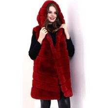 Glam Love Kapşonlu Peluş Kürk Yelek Premium Kalite, Tam Astarlı, Uzun Model - Kırmızı