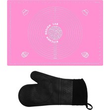 Feyza Design 2'li Pembe & Siyah Silikon Hamur Açma Matı ve Mutfak Fırın Eldiveni Seti