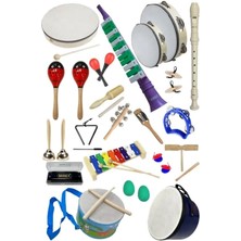 Örf Aletleri Seti Over Paket-3 Marakas Zil Üçgen Ksilofon Melodika Mızıka Davul Flüt (23 Parça)