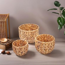 3'lü El Yapımı Doğal Hasır Yuvarlak Saksı Seti, Hasır El Yapımı Yuvarlak Örgü Saksı 3'lü Set, Rattan