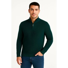 Glam Love Yarım Fermuarlı Triko Kazak – Selanik Örgü, Dik Yaka, Pamuklu Dokuma, Regular Fit Uzun Kollu Kışlık Model - Haki -