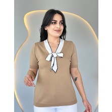 Kendim Fashion Kadın Kısa Kollu V Yaka Fular Detay Merserize Triko Bbluz