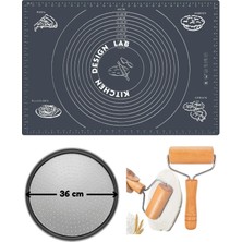 Feyza Design Gri Silikon Hamur Açma Matı 45X65 Cm, 36 cm Pizza Tepsisi ve Ahşap Saplı Hamur Açıcı