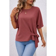 Arben Boutique Kadın Kısa Kollu Bisiklet Yaka Yandan Bağcıklı Aerobin Bluz