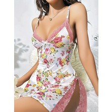 Liyuza Özel Tasarım Çiçek Desenli Ince Askılı Dantel Işlemeli Yırtmaçlı Pembe Mini Saten Gecelik