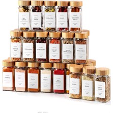 Cam Baharatlık Seti, 12 Adet, Bambu Kapaklı, Etiketli