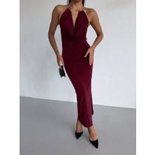 Nidam Butik Kadın Boyun Aksesuarlı Halter Yaka Maxi Boy Sandy Kumaş Elbise
