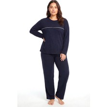 Modaserdem Akbeniz Büyük Beden Şerit Detaylı Kalın Uzun Kollu Kadın Pijama Takımı  Lacivert