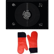 Feyza Design 2'li Siyah ve Kırmızı Silikon Mutfak Seti, Fırın ve Hamur Açma Matı