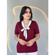 Nova Epoxy Art Kadın Kısa Kollu V Yaka Fular Detay Merserize Triko Bbluz