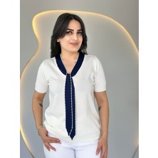 Nova Epoxy Art Kadın Kısa Kollu V Yaka Fular Detay Merserize Triko Bbluz