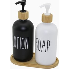 Aee® 2'li Cam Sıvı Sabunluk ve Losyonluk Seti - Bambu Kapaklı ve Altlıklı - 500ML Siyah & Beyaz Şişe