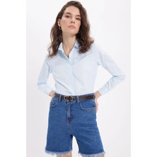 Tudors Kadın Slim Fit Mavi Basic Gömlek Uzun Kollu Gizli Düğme Detaylı Polyester Klasik Düz Desen