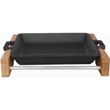 Metal Döküm Izgara Tava, Metal Kulplu, Ahşap Standlı, 26X26 cm