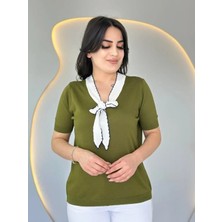 Kadın Kısa Kollu V Yaka Fular Detay Merserize Triko Bbluz