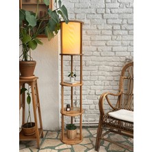 Lona Raflı Lambader, 3 Katlı Ahşap Zemin Aydınlatması, Keten Abajurlu Masif Modern Dekoratif Lamba