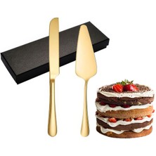 Feyza Design Paslanmaz Çelik Gold Pasta ve Kek Spatula Bıçak Seti, Sunum Için Mükemmel
