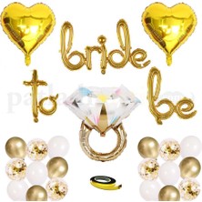 Patladı Gitti Bride To Be El Yazısı, Tek Taş Yüzük ve Kalp Folyo Balonlu Gold Bride To Be Set