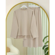 Modamorfo Arkası Uzun Yırtmaçlı Etekli İki İp Penye Takım -Bej