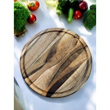 Feyza Design 28 cm Doğal Ceviz Ağacı Yuvarlak Rustik Pizza Sunum ve Doğrama Tahtası