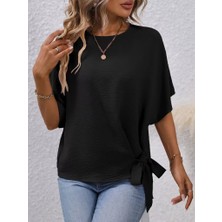 Nidam Butik Kadın Kısa Kollu Bisiklet Yaka Yandan Bağcıklı Aerobin Bluz