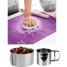 Feyza Design Çelik Un Eleği, Silikon Hamur Açma Matı ve Ayarlanabilir Pasta Kalıbı Seti