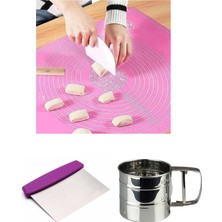 Feyza Design Çok Amaçlı Silikon Hamur Açma Matı 45X65 Cm, Çelik Un Eleği ve Hamur Kesici