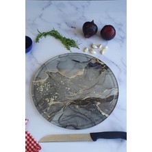 Feyza Design Gri Gold Mermer Kanallı Cam Kesme Tablası, Çap 32CM, Patentli Tasarım