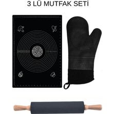 Feyza Design Büyük Boy Siyah Hamur Matı, Merdane ve Fırın Eldiveni 3’lü Set