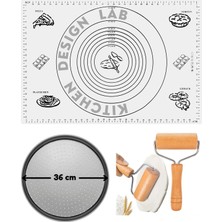 Feyza Design Beyaz Silikon Hamur Açma Matı ve Pizza Tepsisi Seti, Ahşap Saplı