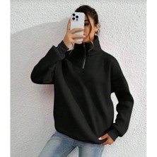 Feyza Design Unisex Uzun Kol Yarım Fermuarlı Yakalı Basic Sweatshirt Siyah