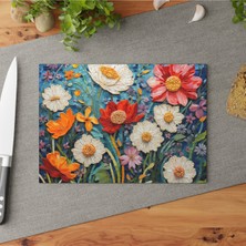Feyza Design Çiçek Desenli Cam Kesme Tahtası Seti, Şık ve Kolay Temizlenir
