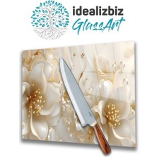 Feyza Design Beyaz Çiçekler Cam Kesme Tablası ve Sunum Tahtası
