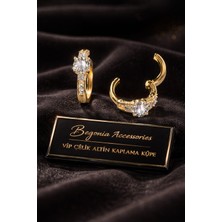 Begonia Accessories Vip Çelik Altın Kaplama Zirkon Taşlı Halka Küpe Minimal Figürlü Çivi Küpe Paslanmaz Kararmaz Alerji Yapmaz Şık Zarif Günlük ve Özel Gün Kadın Küpe