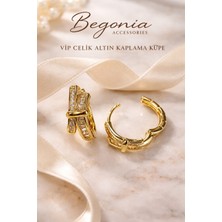 Begonia Accessories Vip Çelik Altın Kaplama Zirkon Taşlı Halka Küpe Minimal Figürlü Çivi Küpe Paslanmaz Kararmaz Alerji Yapmaz Şık Zarif Günlük ve Özel Gün Kadın Küpe