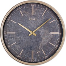 Regal Dünya Haritalı Metal Duvar Saati 51 cm - Vizon Eskitme Gold Büyük Boy Dekoratif Saat