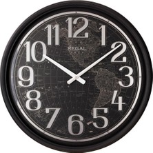 Regal Dünya Haritalı Metal Duvar Saati 51 cm - Gümüş Metalik Rakamlı Siyah Büyük Boy Saat