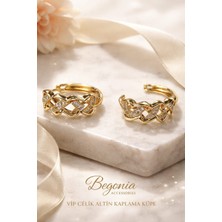 Begonia Accessories Vip Çelik Altın Kaplama Zirkon Taşlı Halka Küpe Minimal Figürlü Çivi Küpe Paslanmaz Kararmaz Alerji Yapmaz Şık Zarif Günlük ve Özel Gün Kadın Küpe