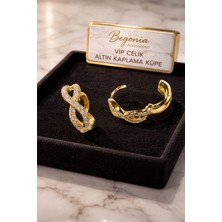 Begonia Accessories Vip Çelik Altın Kaplama Zirkon Taşlı Halka Küpe Minimal Figürlü Çivi Küpe Paslanmaz Kararmaz Alerji Yapmaz Şık Zarif Günlük ve Özel Gün Kadın Küpe