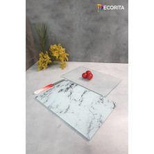 Feyza Design Çiftli Cam Kesme Tablası, 20X30 Cm, Beyaz Mermer Görünüm