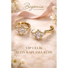 Begonia Accessories Vip Çelik Altın Kaplama Zirkon Taşlı Halka Küpe Minimal Figürlü Çivi Küpe Paslanmaz Kararmaz Alerji Yapmaz Şık Zarif Günlük ve Özel Gün Kadın Küpe