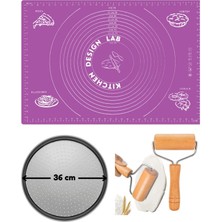 Feyza Design Mor Silikon Hamur Açma Matı ve Pizza Tepsisi Seti, Ahşap Saplı Hamur Açıcı