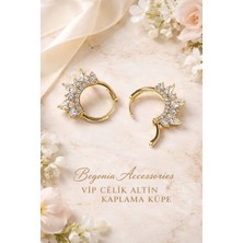 Begonia Accessories Vip Çelik Altın Kaplama Zirkon Taşlı Halka Küpe Minimal Figürlü Çivi Küpe Paslanmaz Kararmaz Alerji Yapmaz Şık Zarif Günlük ve Özel Gün Kadın Küpe