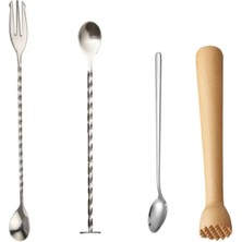 Feyza Design 4'lü Kokteyl Seti: Çatallı, Tokmaklı ve Düz Bar Kaşığı Seti