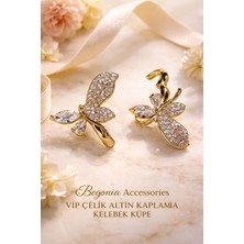 Begonia Accessories Vip Çelik Altın Kaplama Zirkon Taşlı Halka Küpe Minimal Figürlü Çivi Küpe Paslanmaz Kararmaz Alerji Yapmaz Şık Zarif Günlük ve Özel Gün Kadın Küpe