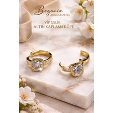 Begonia Accessories Vip Çelik Altın Kaplama Zirkon Taşlı Halka Küpe Minimal Figürlü Çivi Küpe Paslanmaz Kararmaz Alerji Yapmaz Şık Zarif Günlük ve Özel Gün Kadın Küpe