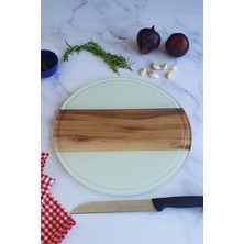 Feyza Design Kanallı Cam Kesme Tahtası, Şerit Ahşap Görünüm, Çap 32CM, Patentli Tasarım