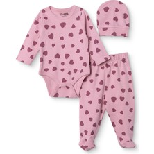 Hellobaby Kız Bebek Body-Alt-Şapka Kalp Baskılı Çıtçıtlı Bisiklet Yaka Uzun Kol Patiksiz