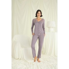 Liyuza Yakası Kolu ve Omzu Dantelli Boydan Düğmeli Pijama Takımı